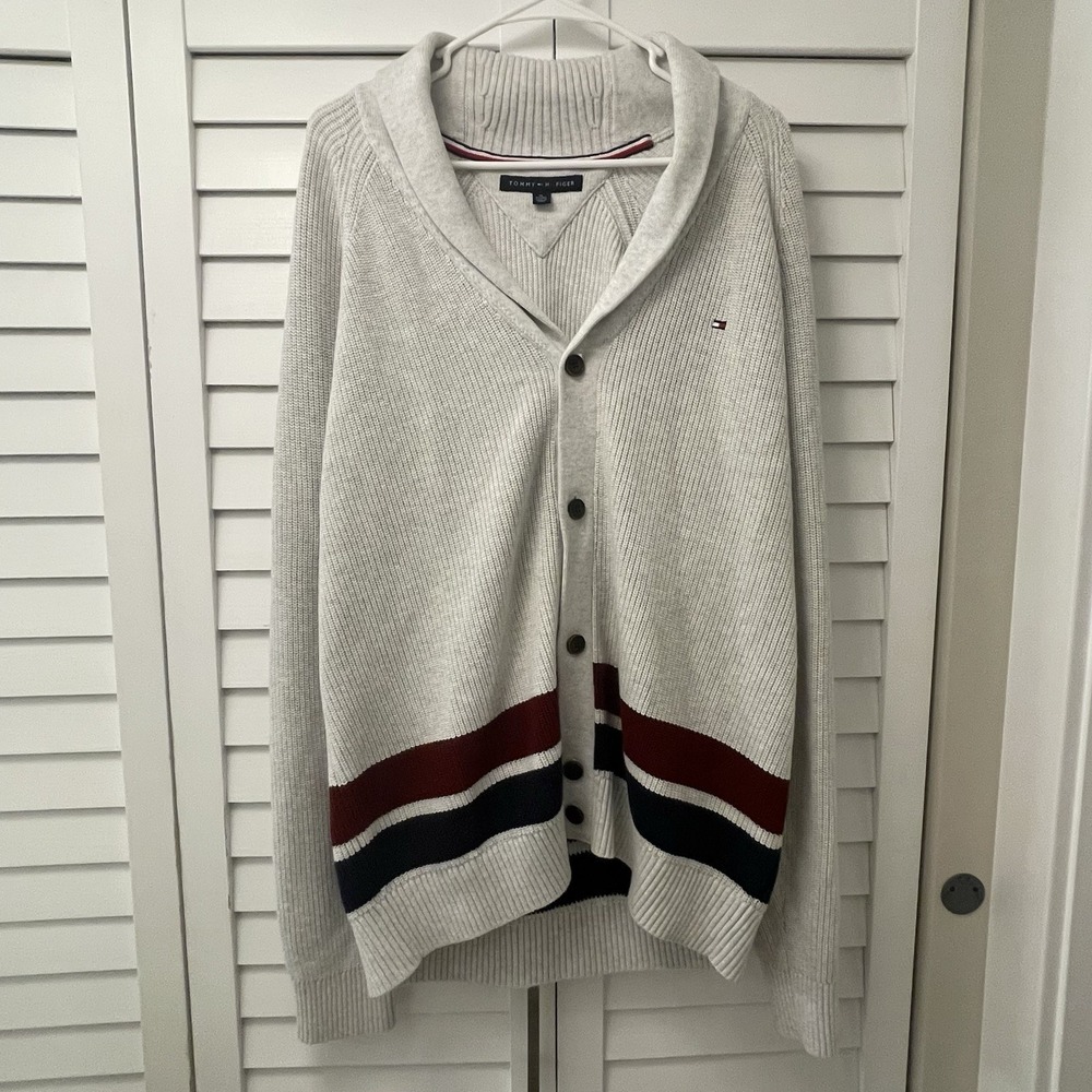 Tommy Hilfiger Men's‎ XL Shawl Collar Cardigan Sweater Heather Oatmeal Red Navy